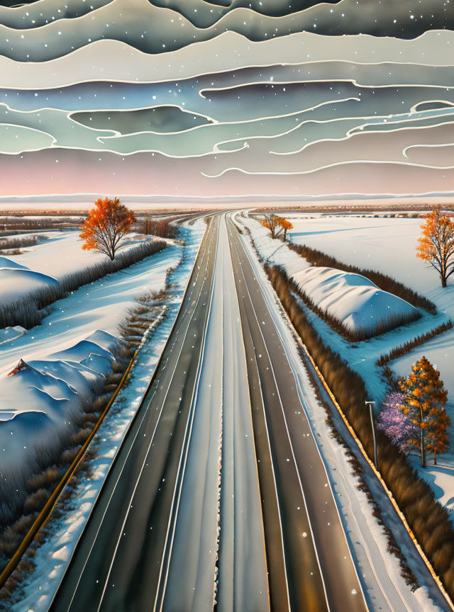 Stylized painting of straight road in snowy landscape