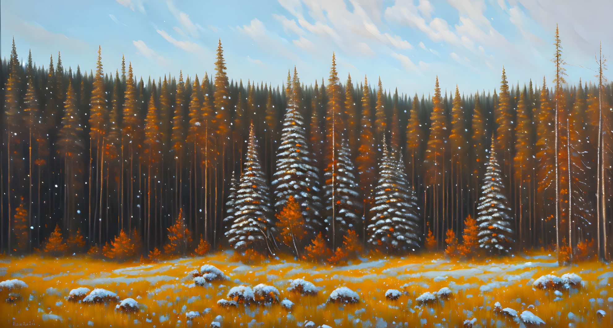 Panoramic landscape painting of snowy forest and autumn meadow