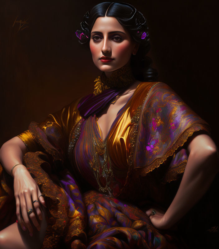 Dark-haired woman in golden dress with purple flowers - elegant portrait.