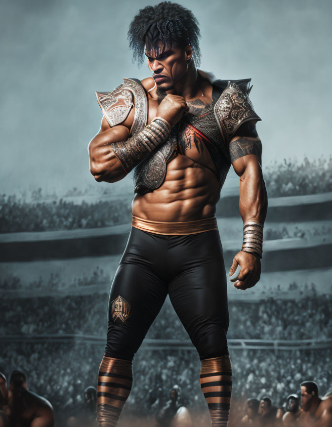 Muscular gladiator with arm armor and tattoos in arena with crowd and dramatic sky