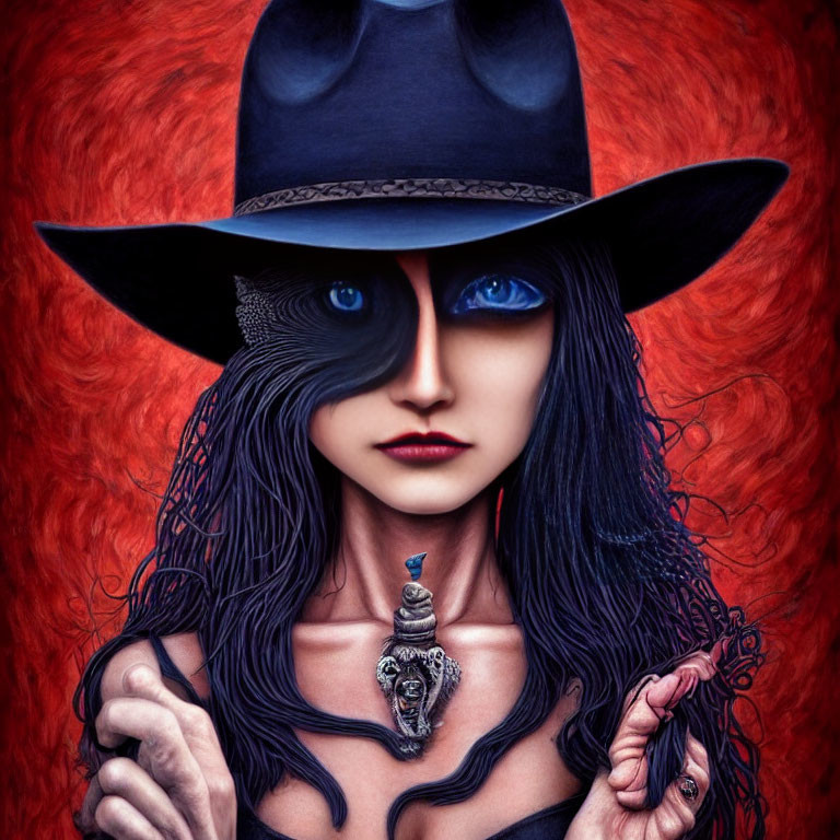 Vibrant red hair, wide-brimmed hat, mask-like alteration: surreal portrait details