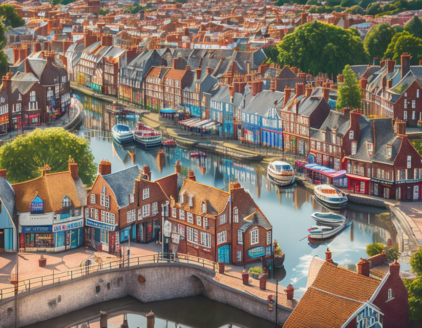 European Town with Canal, Boats & Brick Buildings in Sunlight