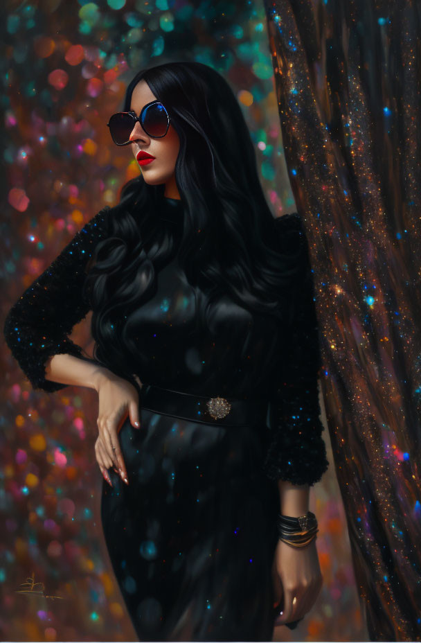 Long black hair woman in sequined dress with sunglasses against multicolored bokeh.