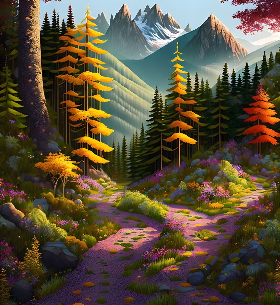 Colorful Autumn Forest Path Leading to Snow-Capped Mountains