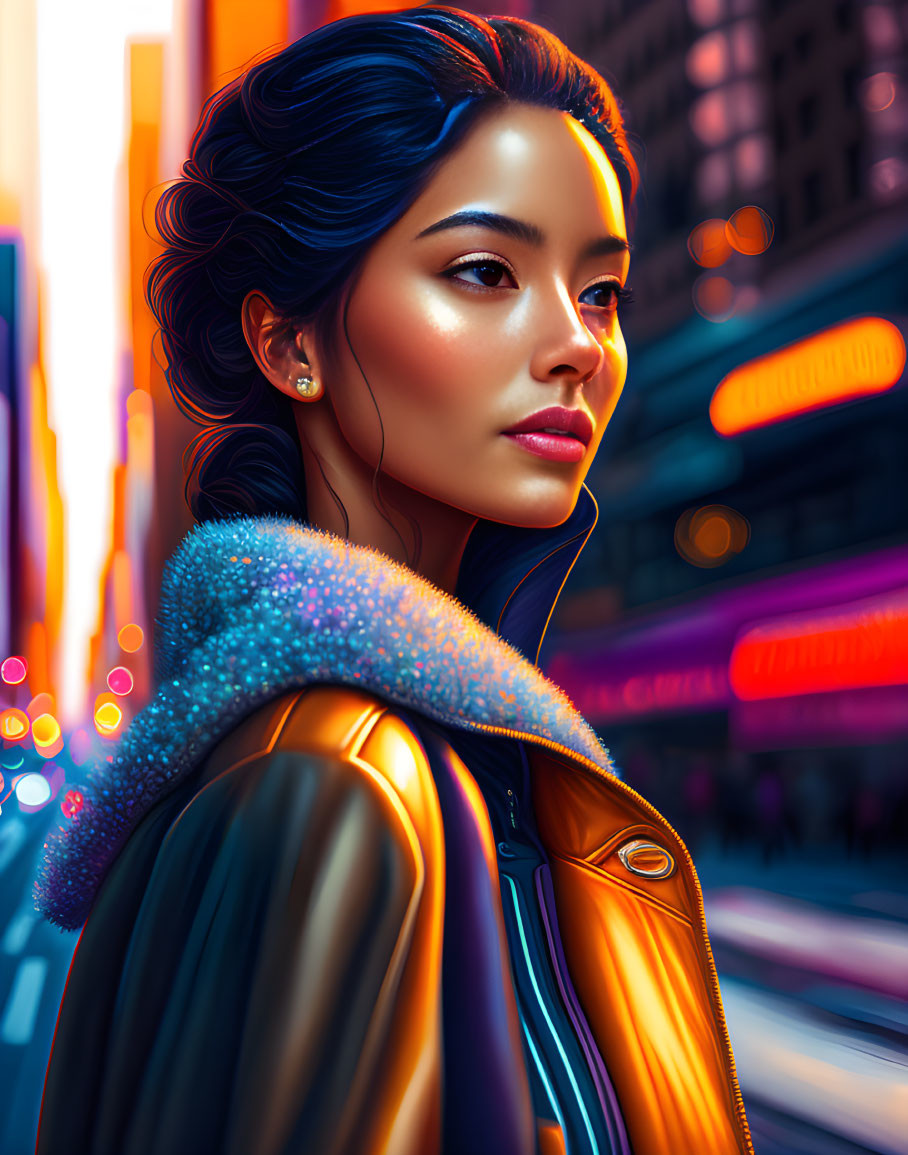 Digital artwork: Woman with earphones in sparkling collar jacket against glowing city street backdrop at dusk