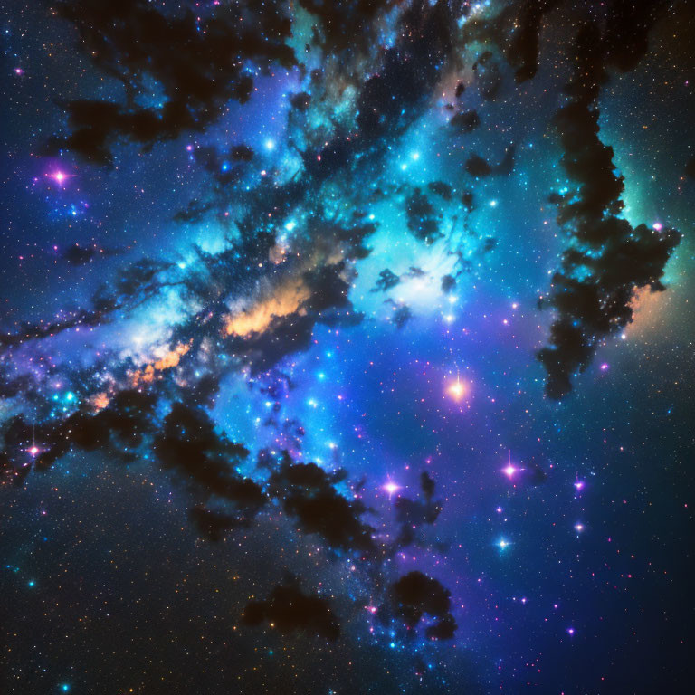 Colorful cosmic scene with stars, nebulae, and interstellar clouds in blue and purple.