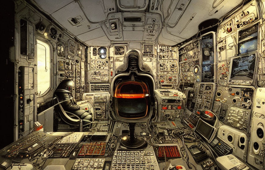 Detailed Futuristic Spaceship Cockpit with Buttons, Screens, and Pilot Chairs