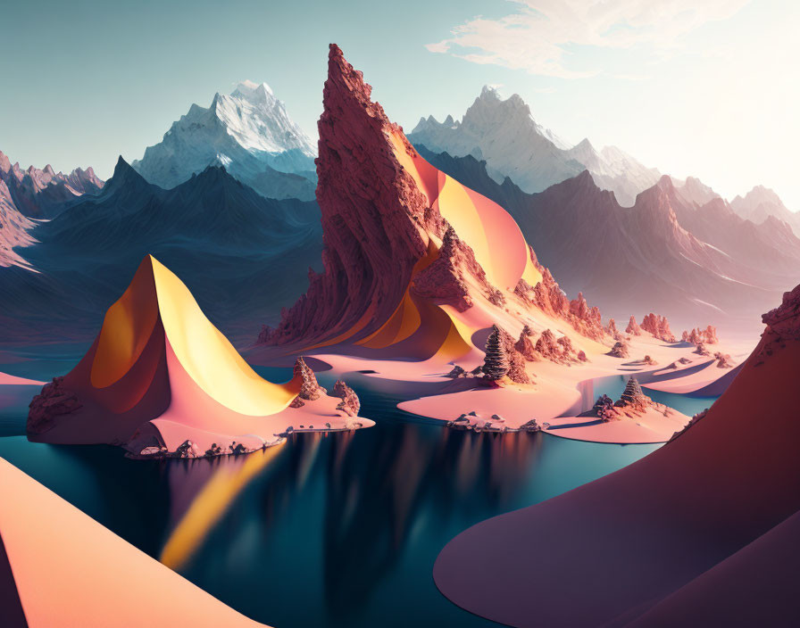 Surreal landscape: warm shapes vs. cold mountains