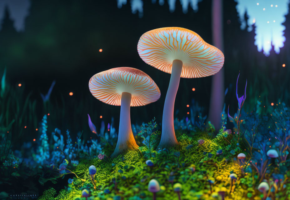 Luminescent mushrooms in mystical forest under twilight sky