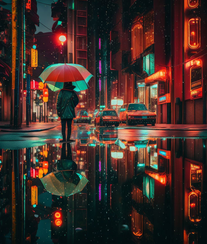 Person with umbrella on wet city street at night with vibrant lights and reflections