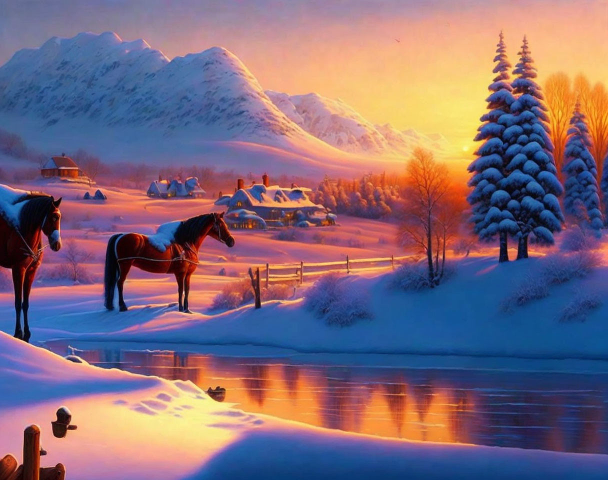 Snowy landscape with horses, frozen river, and village at sunset