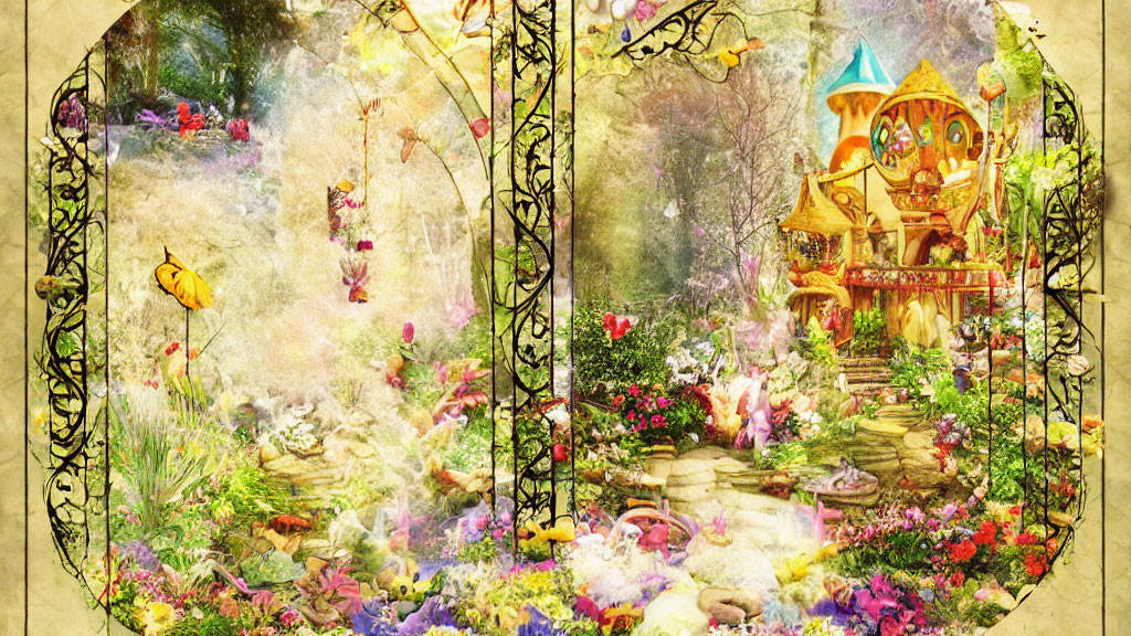 Enchanted garden scene with vibrant flowers, butterflies, and fairy-tale house