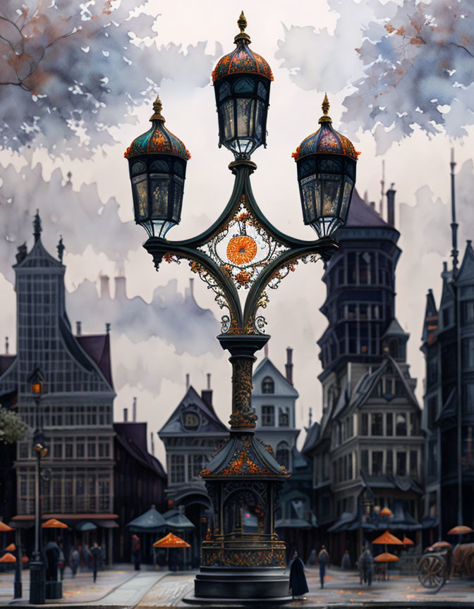 Vintage European-style cityscape with ornate street lamp and historic buildings