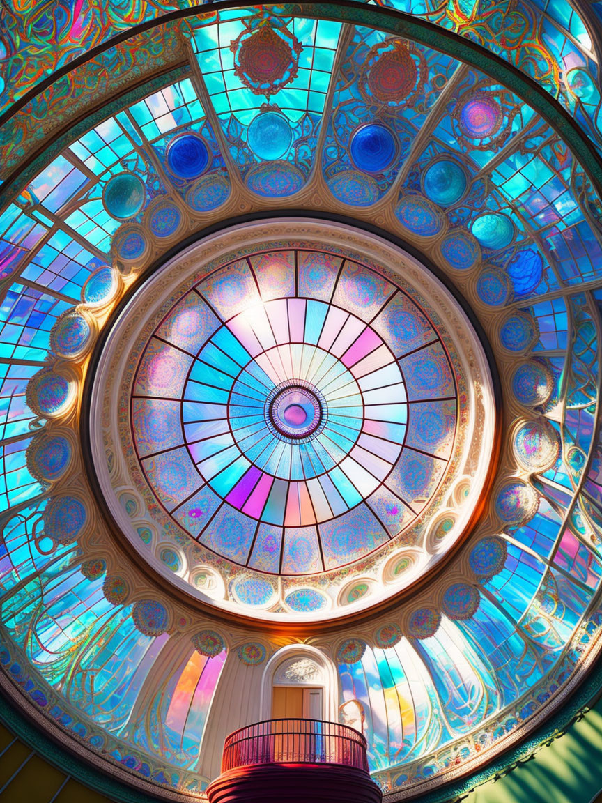 Spiral Staircase with Elaborate Stained Glass Dome