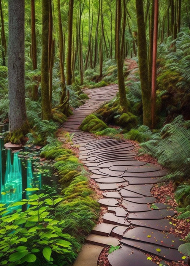 Scenic wooden boardwalk in lush forest with clear turquoise waters