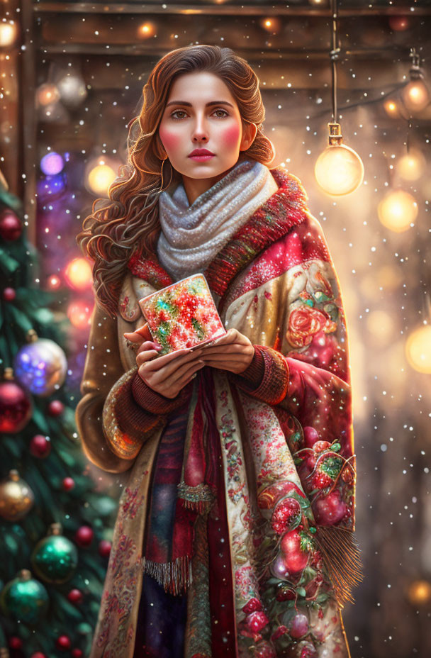 Woman with wavy hair holding gift by Christmas tree in snowfall