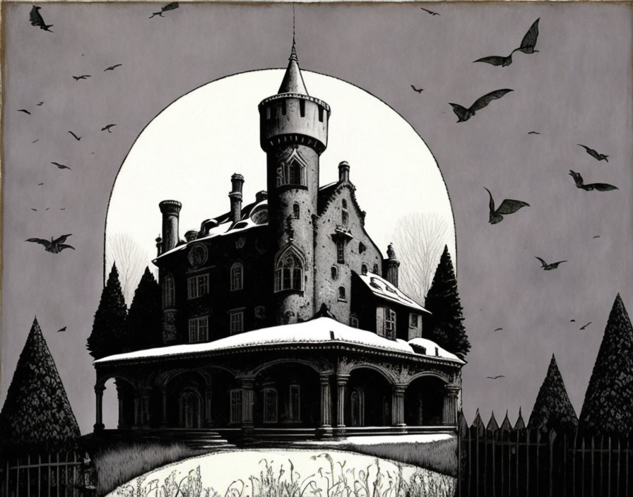 Gothic-style castle with tower under full moon and spiked fence