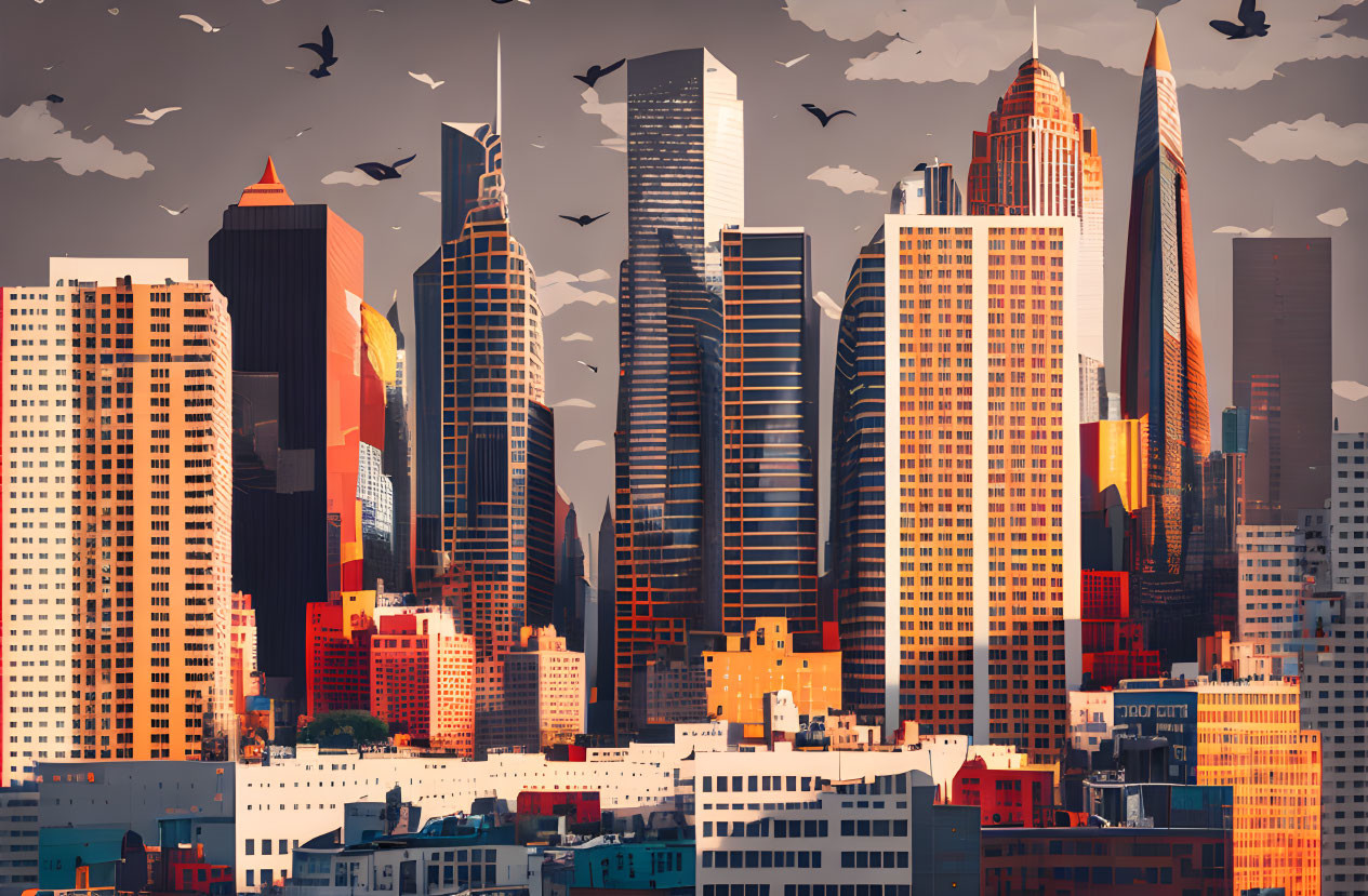 Cityscape illustration: Sunset scene with skyscrapers, birds, and warm hues