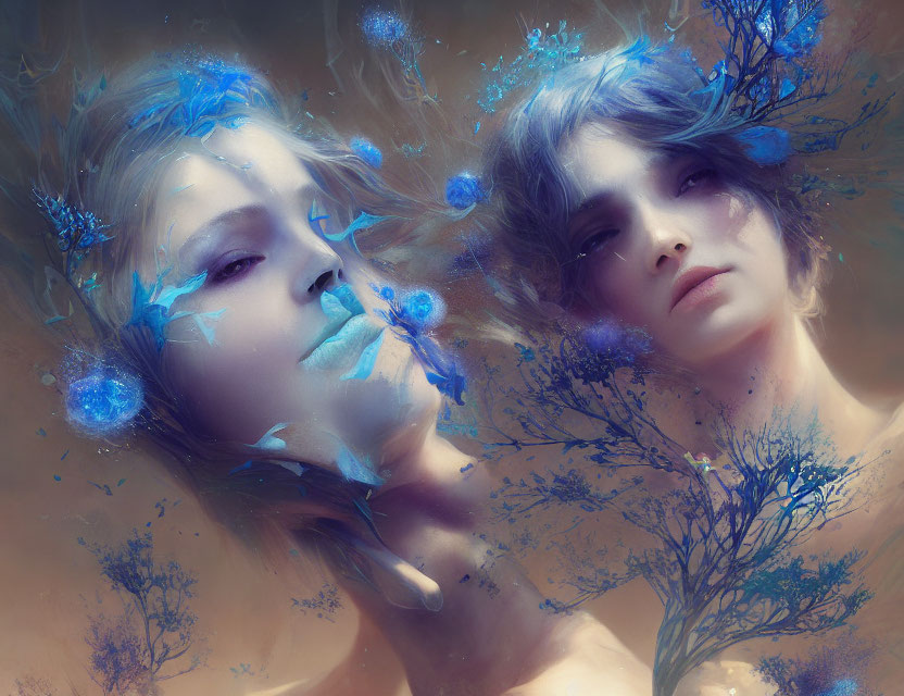 Ethereal figures with blue floral and botanical elements intertwined in hair and skin