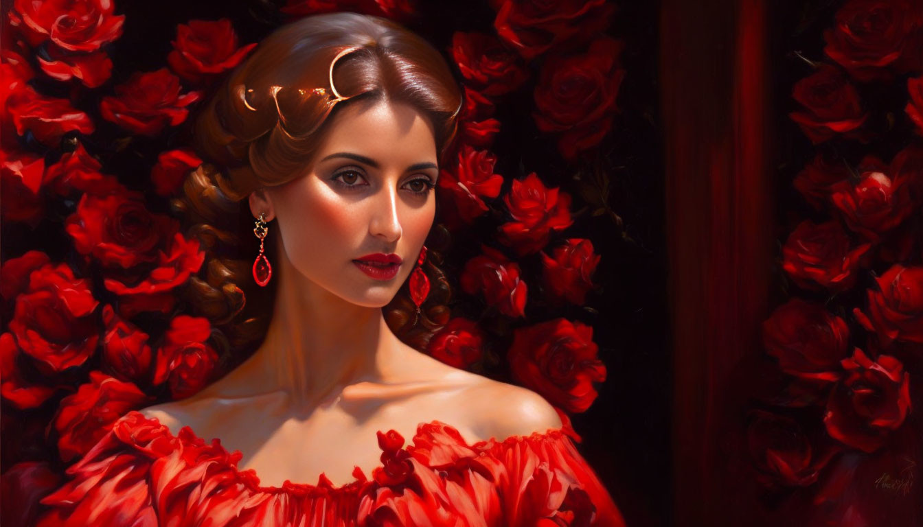 Styled woman surrounded by red roses in off-shoulder dress.