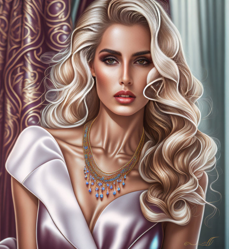 Illustration of woman with wavy blonde hair, lavender outfit, and ornate golden necklace