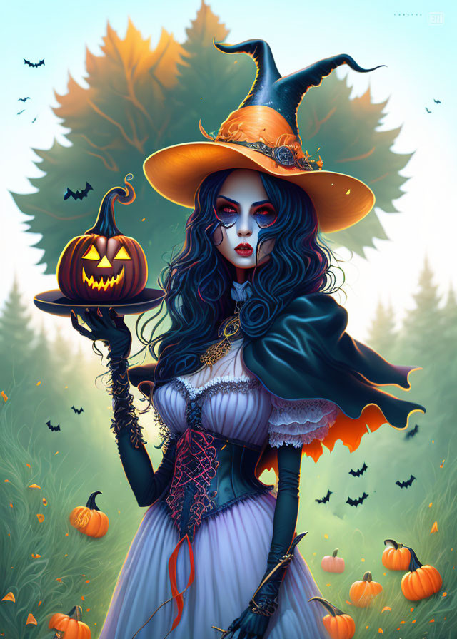 Illustrated witch with jack-o'-lantern in forest wears hat, corset, cloak with bats