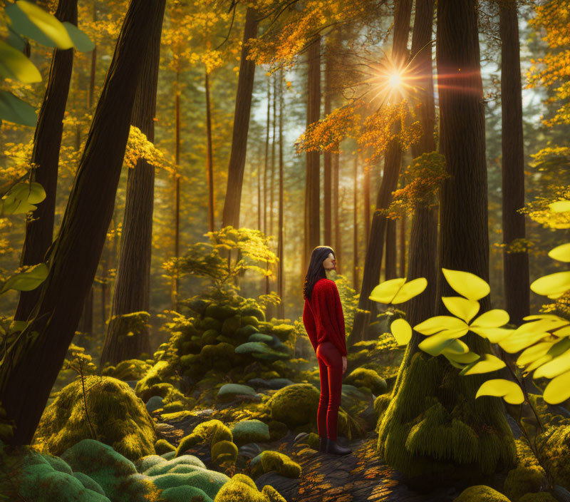 Person in Red Outfit Stands Among Tall Trees in Forest