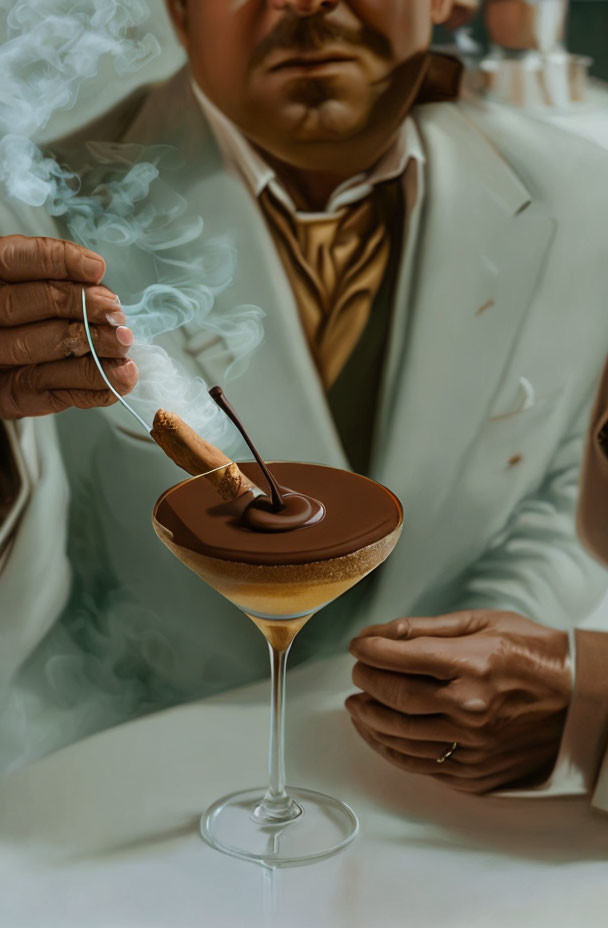 Cream-suited person lighting cigar over chocolate cocktail in elegant bar setting