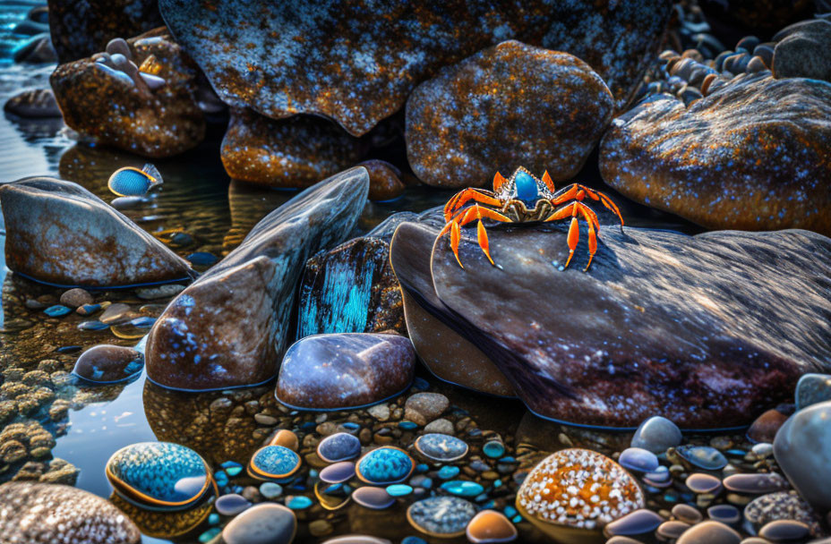 Vibrant crab on smooth rock with colorful stones on sunny beach