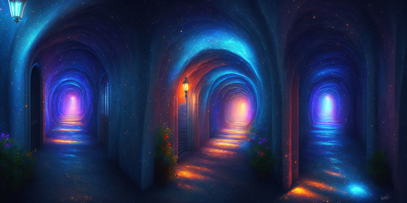 Digital art: Bright tunnels with lanterns, stars, and flowers