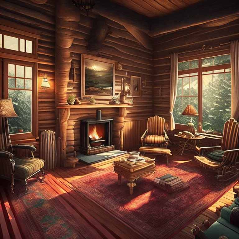 Warm and inviting cabin interior with fireplace, comfy furniture, and tree view