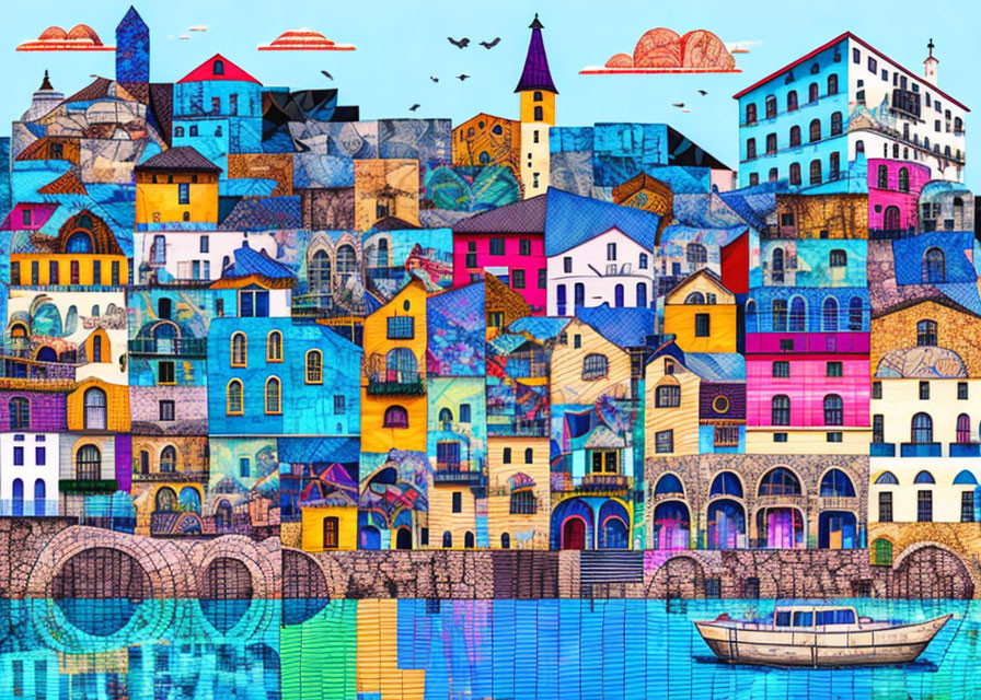 Vibrant townscape illustration with waterfront, boat, and patterned skies