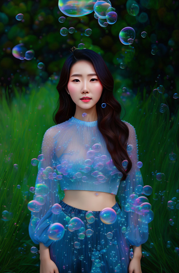 Woman in Sparkling Blue Outfit Surrounded by Soap Bubbles and Greenery