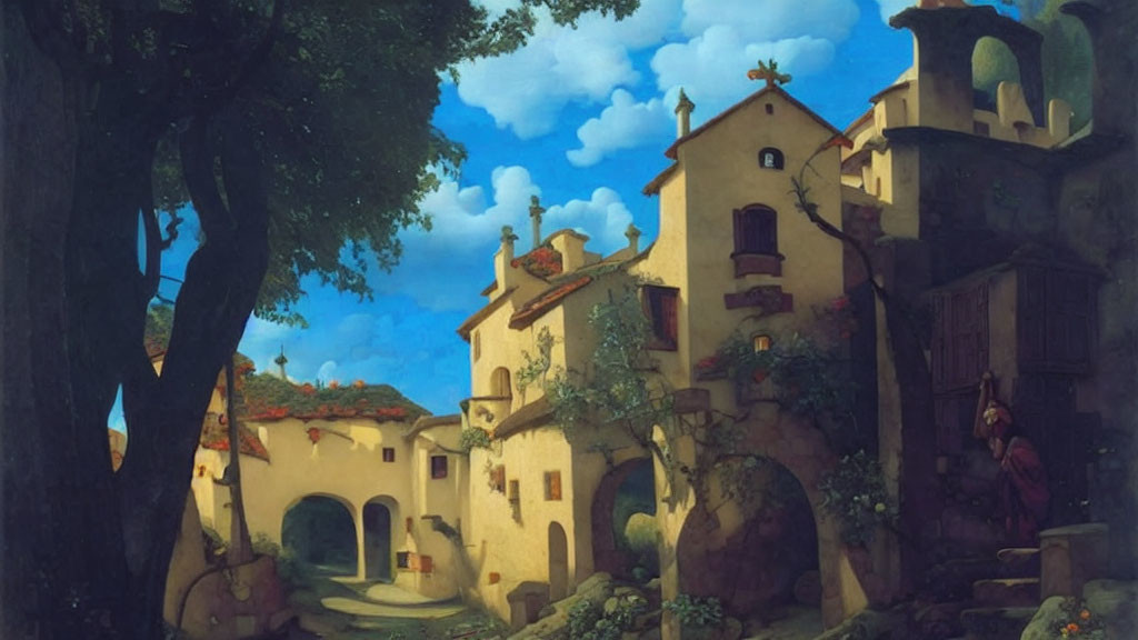 Tranquil medieval village painting with stone houses and lush tree