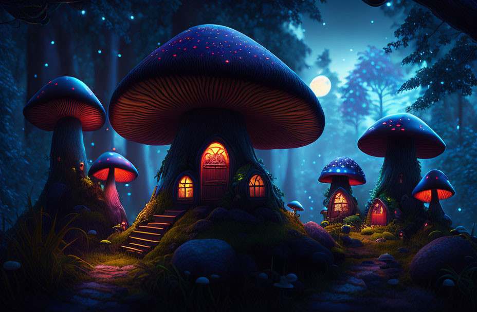 Enchanting nighttime forest scene with glowing mushroom houses