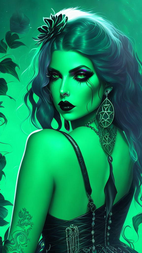 Illustration of woman with green skin, wavy hair, elaborate makeup, black accessories, tattoos,