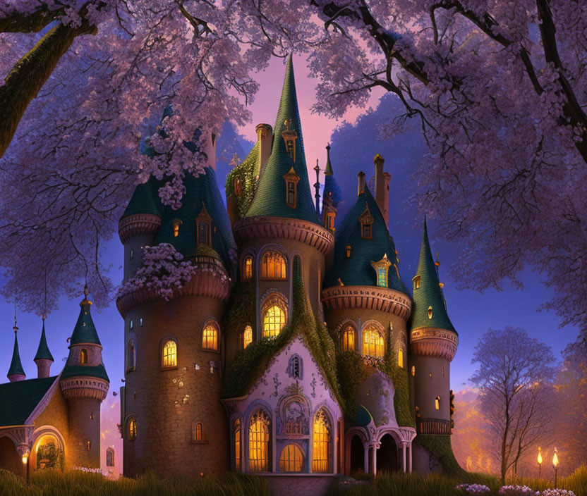 Castle with Spires and Cherry Blossoms at Twilight