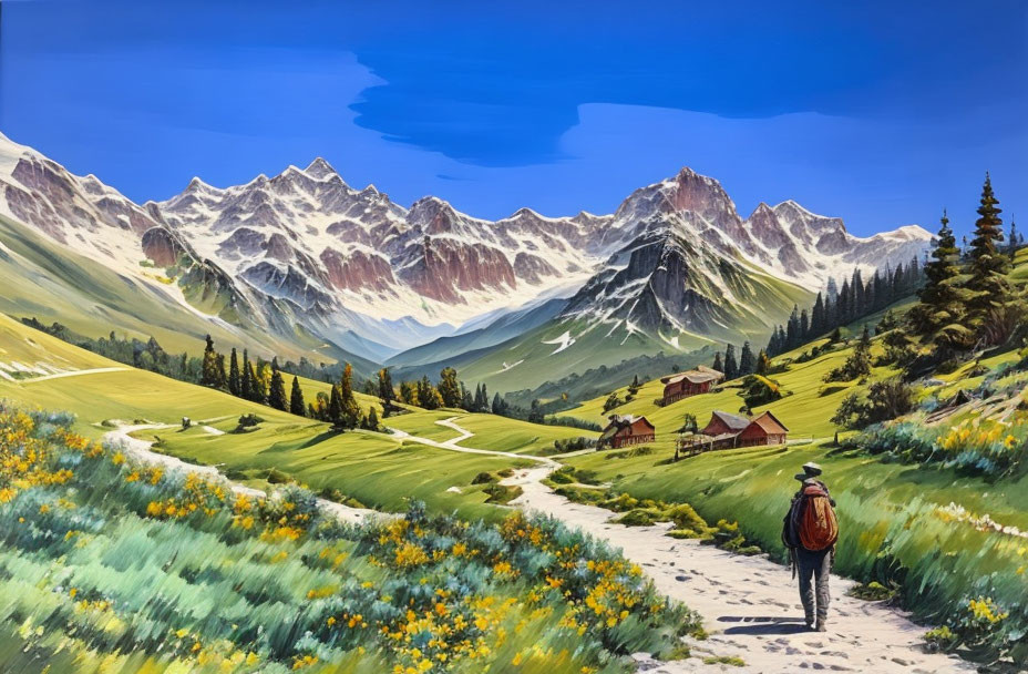 Hiker in alpine meadow with snow-capped mountains