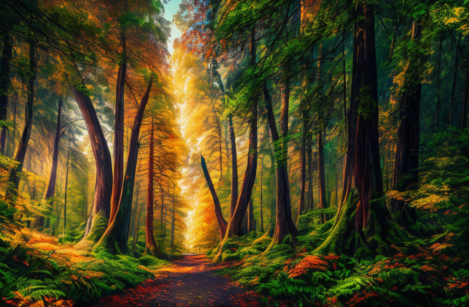 Majestic forest pathway with tall trees and golden light