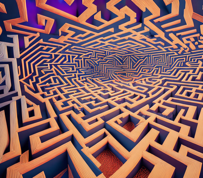 Complex 3D Maze Design in Warm Orange and Cool Blue