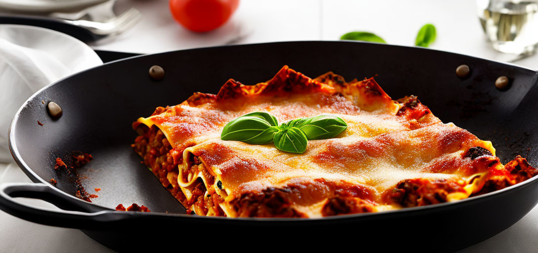 Baked lasagna with molten cheese, basil leaf, white wine, and fresh tomatoes