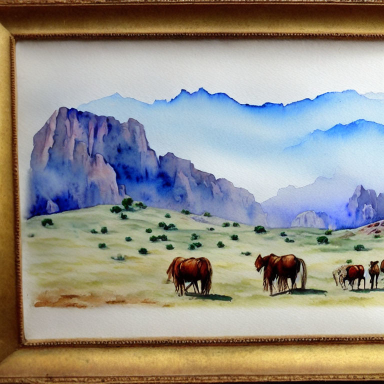 Framed Watercolor Painting: Horses Grazing in Meadow with Misty Blue Mountains