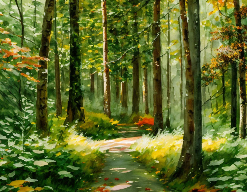 Tranquil watercolor: Sunlit forest path with lush green trees.