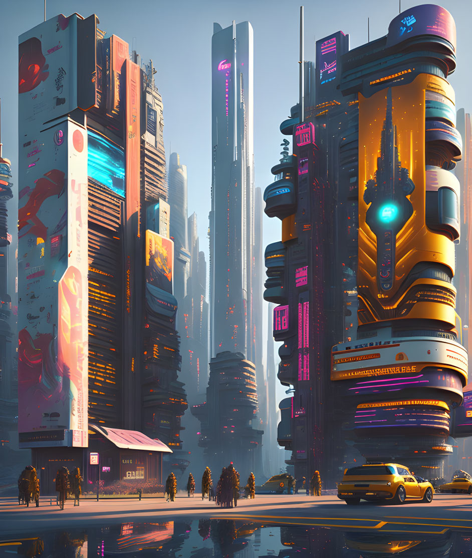 Neon-lit futuristic cityscape at dawn