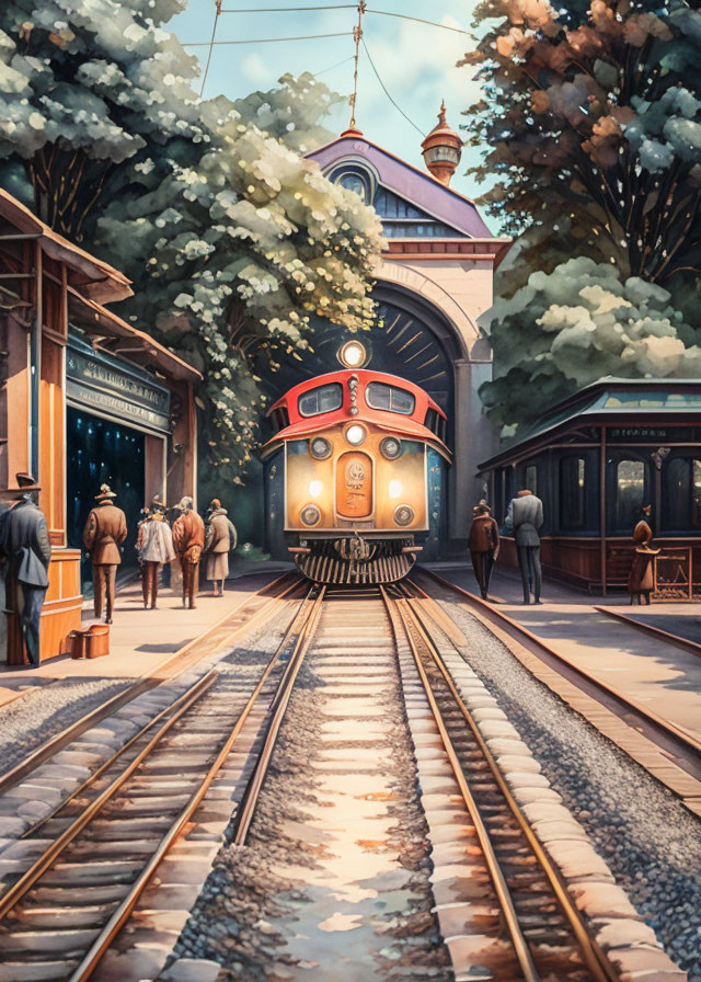 Vintage train arriving at quaint station with passengers and classic architecture under soft sky