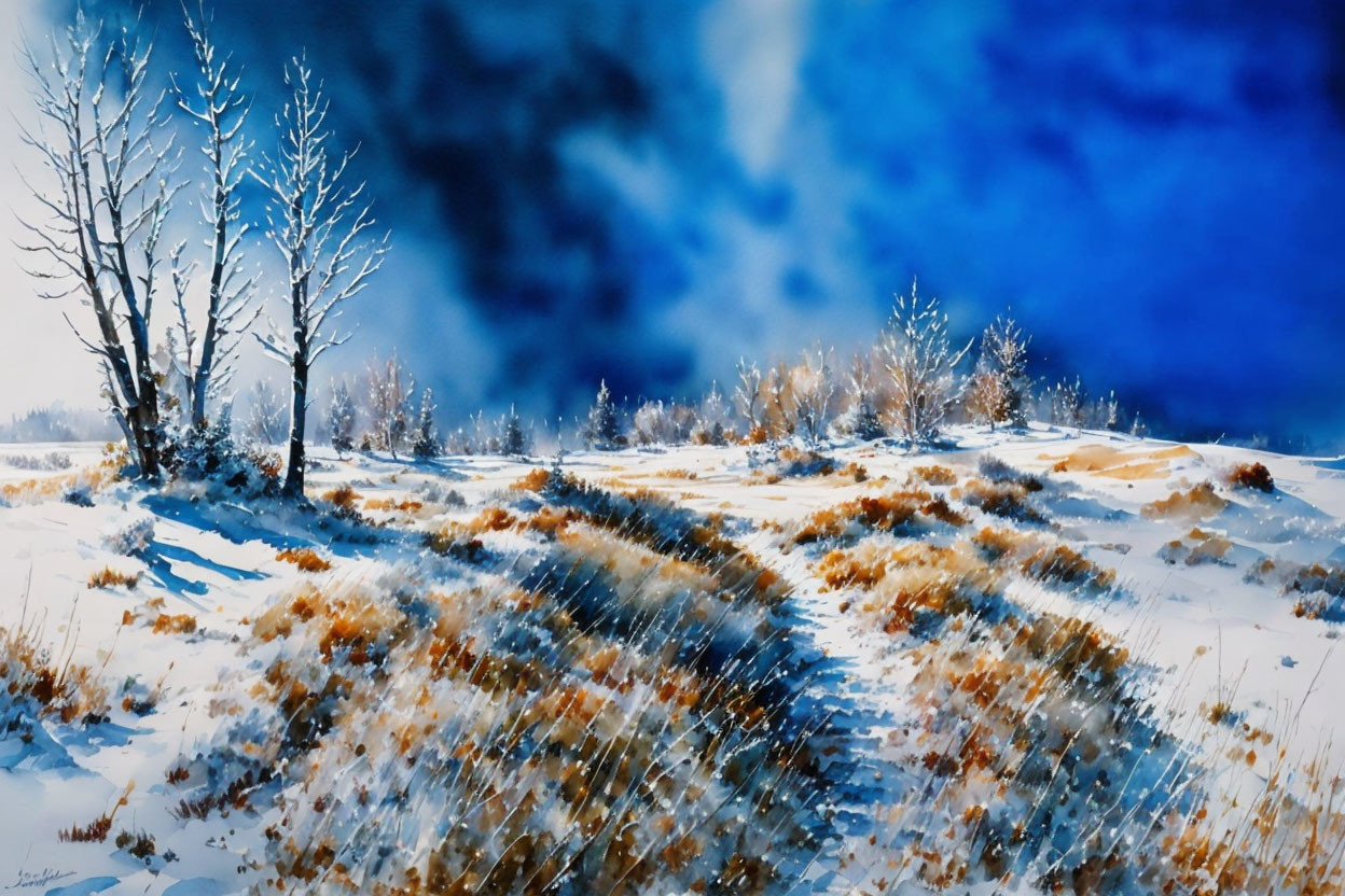 Snow-covered winter landscape with leafless trees and brown vegetation under a cloudy sky