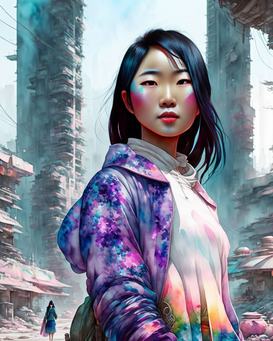 Digital portrait of young woman in galaxy-themed jacket against futuristic backdrop