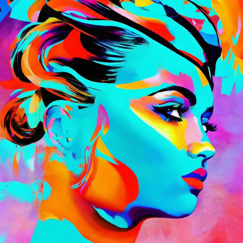 Colorful Stylized Woman Portrait with Neon Tones on Magenta Background