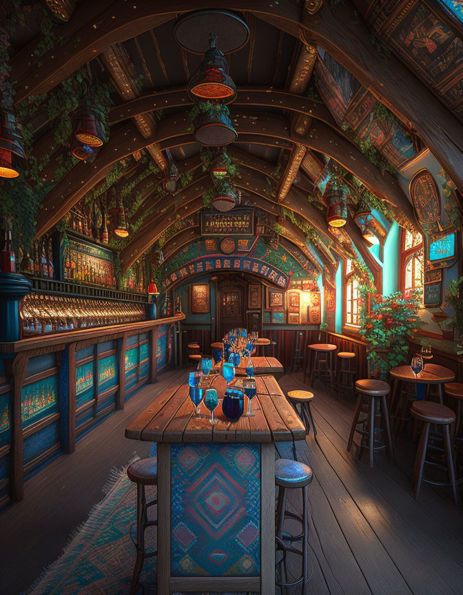 Vintage Pub Interior: Warm Lighting, Wooden Bar, Lanterns, Tile Floor, Ceiling Plants