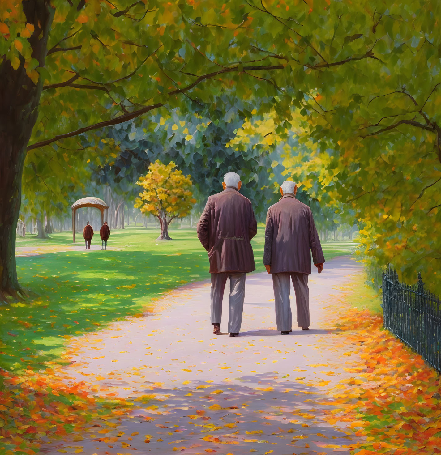 Elderly individuals in autumn park with tree-lined path